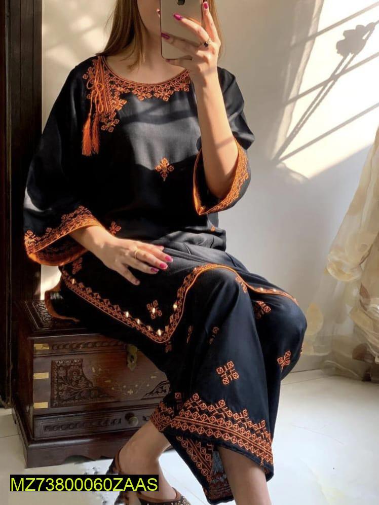 2 Pcs Women's Stitched Linen Embroidered Shirt And Trouser