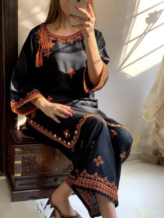 2 Pcs Women's Stitched Linen Embroidered Shirt And Trouser