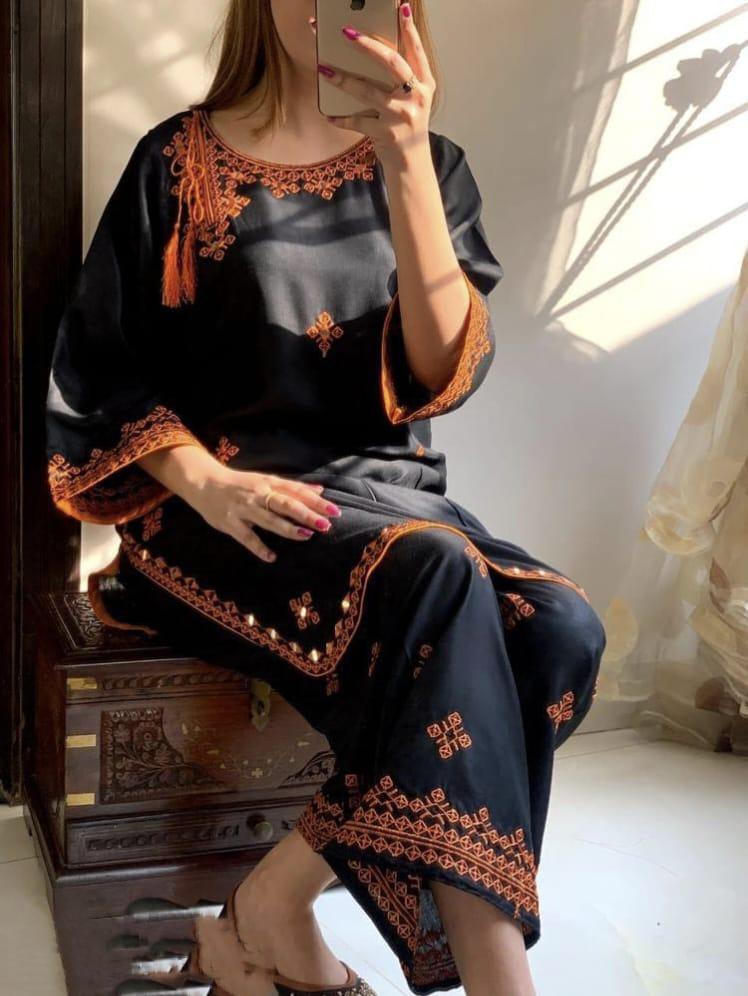 2 Pcs Women's Stitched Linen Embroidered Shirt And Trouser