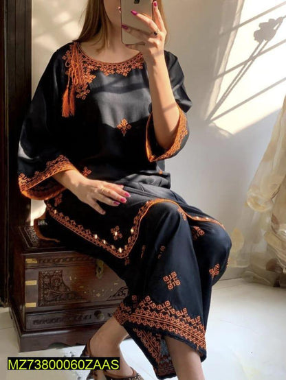 2 Pcs Women's Stitched Linen Embroidered Shirt And Trouser